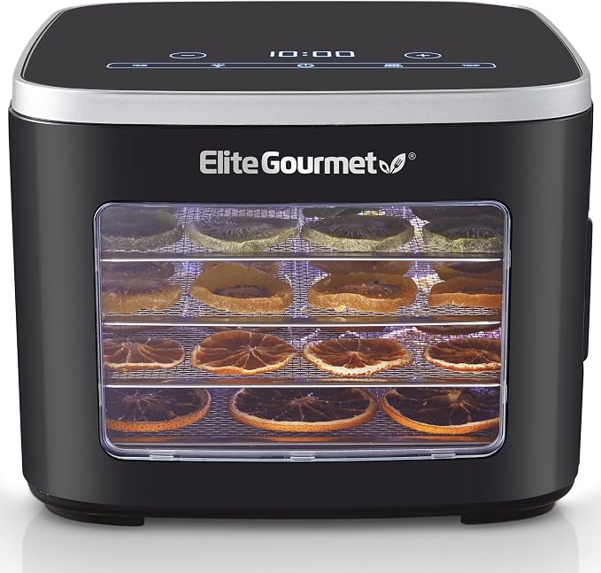 Elite Gourmet 5-Tray Digital Food Dehydrator with Stainless Steel | Adjustable Temp & Timer, Keep Warm, Light, Black, EFD809D
