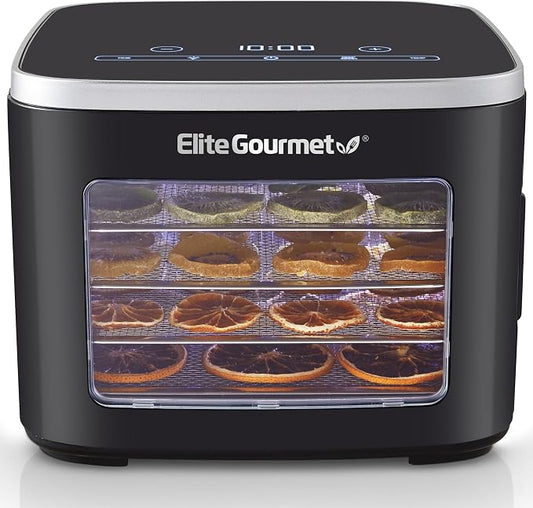 Elite Gourmet 5-Tray Digital Food Dehydrator with Stainless Steel | Adjustable Temp & Timer, Keep Warm, Light, Black, EFD809D