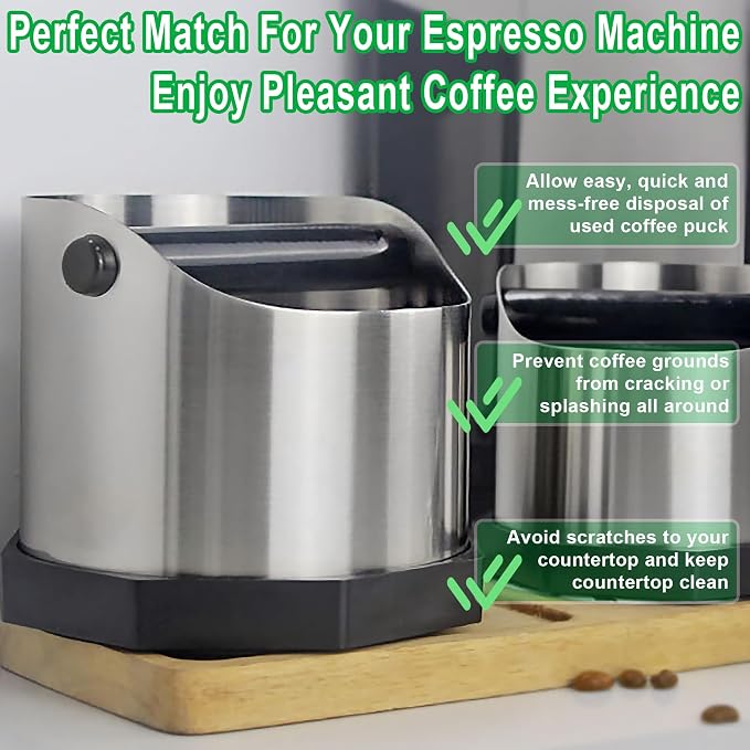 Stainless Steel Espresso Knock Box, Easy & Mess-Free Disposal of Coffee & Espresso Grounds, Coffee Knock Box with Removable Knock Bar & Non-Slip Base, Dishwasher Safe Espresso Puck Knock Box for Home