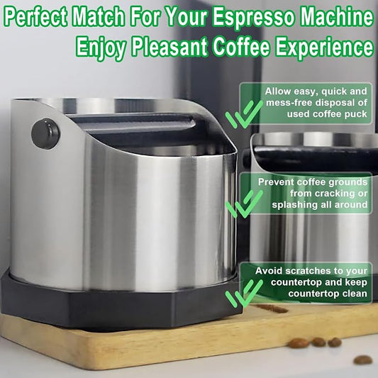 Stainless Steel Espresso Knock Box, Easy & Mess-Free Disposal of Coffee & Espresso Grounds, Coffee Knock Box with Removable Knock Bar & Non-Slip Base, Dishwasher Safe Espresso Puck Knock Box for Home