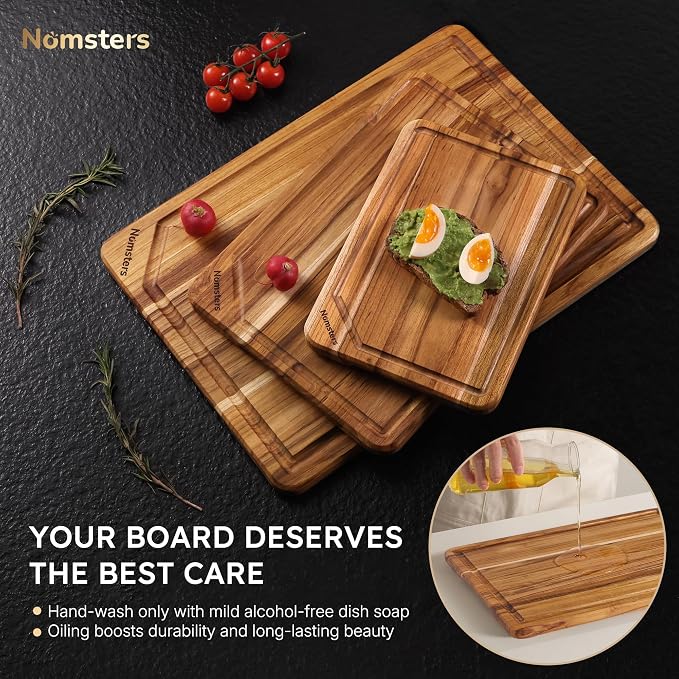3 Pack Teak Wood Cutting Boards for Kitchen Wooden Chopping Board Non Toxic | Heavy Duty, Non Toxic, Serving, Hardwood, Over Sink, Thick Wooden Chopping Board, Large Big Small, Best Essential Gift, Fruit