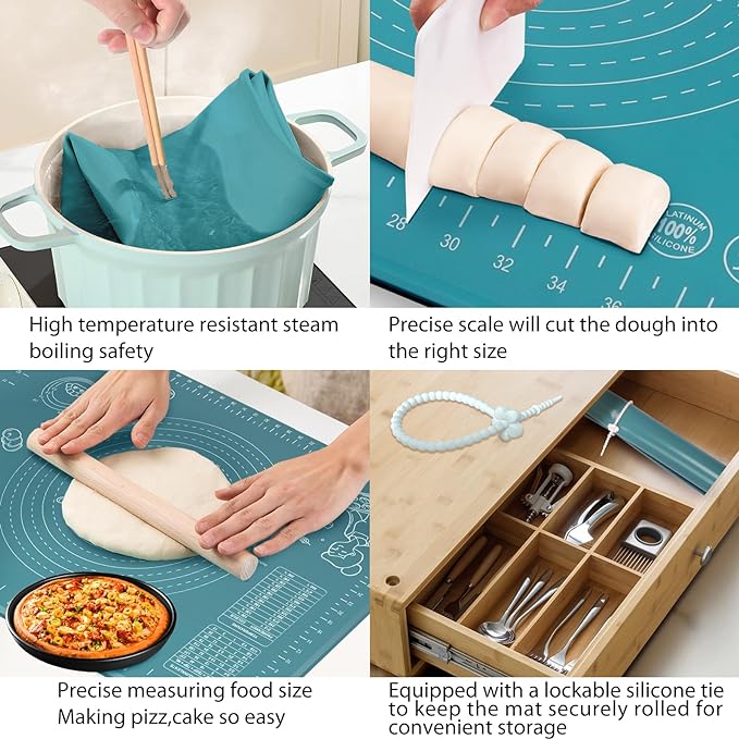 Silicone Pastry Mat 24" x 16" Extra Thick Non Stick Baking Mat with Measurements and Edge Heightening, Food Grade Silicone Rolling Mat for Pastry, Bread, Cookies, Pizza, Fondant, Pasta
