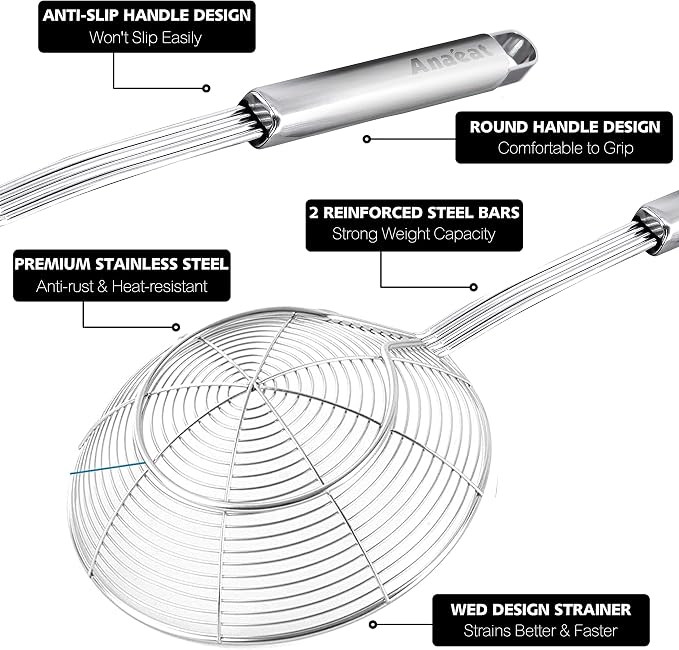 Anaeat Stainless Steel Spider Strainer Skimmer - Solid Kitchen Strainer Ladle with Long Handle for Cooking and Frying, Reinforced Double Coil Slotted Spoons for Pasta, Noodle, Spaghetti (7 Inch)