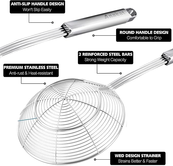 Anaeat Stainless Steel Spider Strainer Skimmer - Solid Kitchen Strainer Ladle with Long Handle for Cooking and Frying, Reinforced Double Coil Slotted Spoons for Pasta, Noodle, Spaghetti (5.5 Inch)