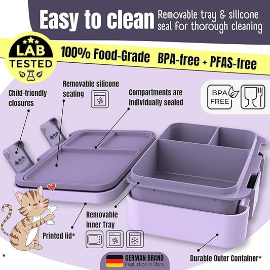 BEARFOOT Kids Lunch Box with Compartments – Compact & Lightweight | Leak-Proof, BPA-Free, Dishwasher & Microwave Safe | Hand-Drawn Design for Preschool, School, Travel (Purple, 2.75 Cups)