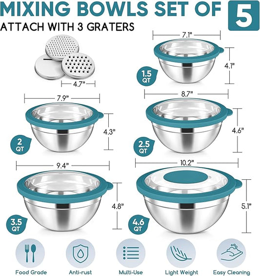 Herogo 5-Piece Mixing Bowls with Airtight Clear Lids, 3 Grater Attachments, Stainless Steel Large Bowls of 5 for Kitchen, Size 4.6, 3.5, 2.5, 2, 1.5QT Ideal for Mixing and Serving, Blue