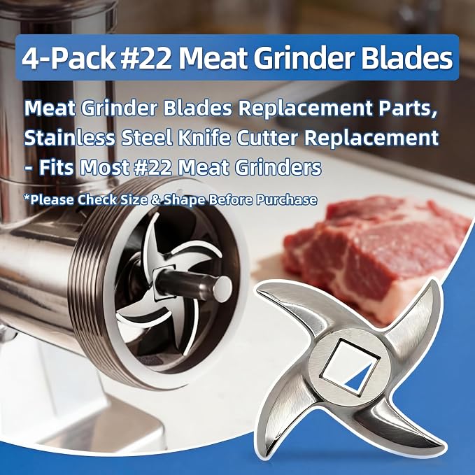 4 Pack #22 Meat Grinder Blades - 0.53" Square Hole & Full 0.51" Thickness for Heavy-Duty Grinding, Professional Stainless Steel Replacement Knives
