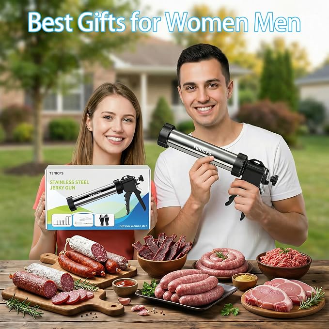 Professional Jerky Gun Kits, Sausage Maker, Stainless Steel Beef jerky gun for Ground Meat, Sausage Stuffer, Meat Gun with 5 Nozzles 5 Brushes 1 Meat Pusher & A Pair of Gloves, Kitchen Utensils Set