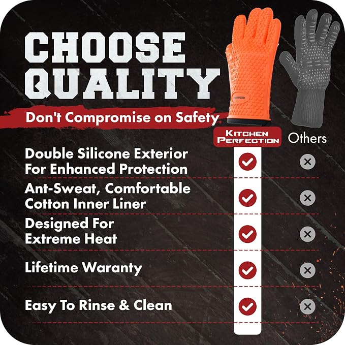 KITCHEN PERFECTION XL Silicone Smoker Oven Gloves-Extreme Heat Resistant BBQ Gloves-Handle Hot Food Right on Your Grill Fryer&Pit|Waterproof Grilling Cooking Baking Mitts|Superior Value Set+3 Bonuses | Waterproof, 5-Finger Design For A Better Grip, for...