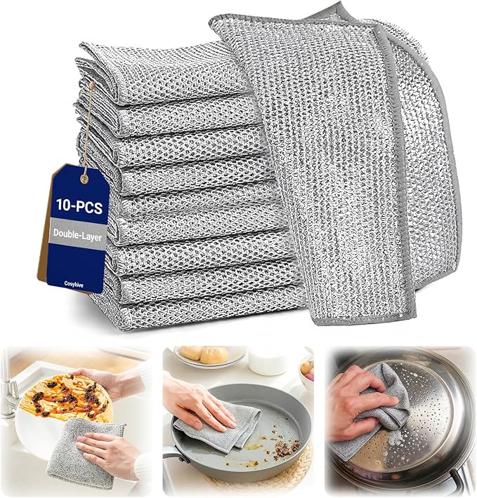 Non-Scratch Wire Dish Cloth, 10PCS Double Layer Multipurpose Wire Dishwashing Rags for Wet and Dry, Dish Cloths for Washing Dishes, Stovetops, Kitchen Countertops with Ease