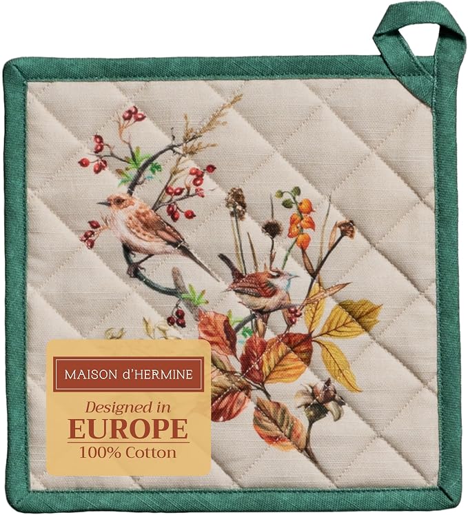 Maison d' Hermine Pot Holders 100% Cotton Potholders (8" x 8", Pack of 1) | Heat Resistant Hot Pads with Loop BBQ Cooking Baking Hotel Kitchen Handling Hot Pans Thanksgiving Christmas - Recolte