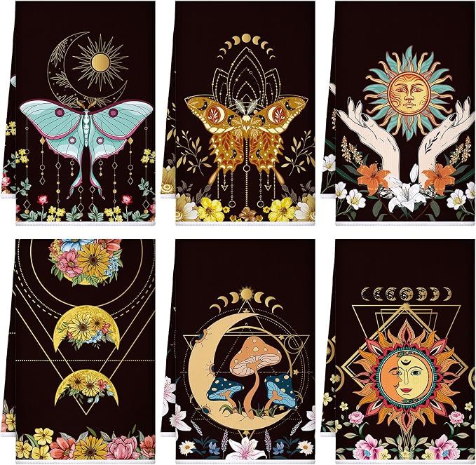 Boyiee Set of 6 Witchy Kitchen Towels Boho Tea Towels Absorbent Mushroom Floral Dish Towels 24 x 16'' Gothic Dish Towels Sun Moon Star Butterfly Hand Towels Gifts for Farmhouse Kitchen Bathroom