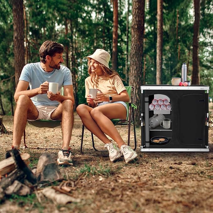 EAGLE PEAK Double Folding Camping Table with Storage Organizer and Side Pockets, Portable Outdoor Portable Camping Table for BBQ, Picnic and Tailgating, Carry Bag Included, Black