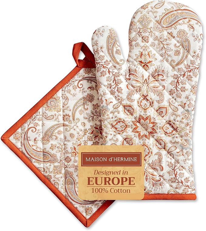 Maison d' Hermine 100% Cotton Oven Mitt & Pot Holder Set (7.5"x13" & 8"x8") | Heat Resistant BBQ Cooking Gloves with Loop Baking Grilling Kitchen Hotel Home Farmhouse Thanksgiving Christmas - Cachemire