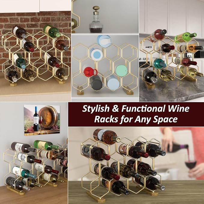 Buruis Countertop Wine Rack with Acacia Base, 14-Bottle Modern Freestanding Metal Holder for Red and White Wine, Tabletop, Kitchen, Bar, and Cabinet Storage (Gold)