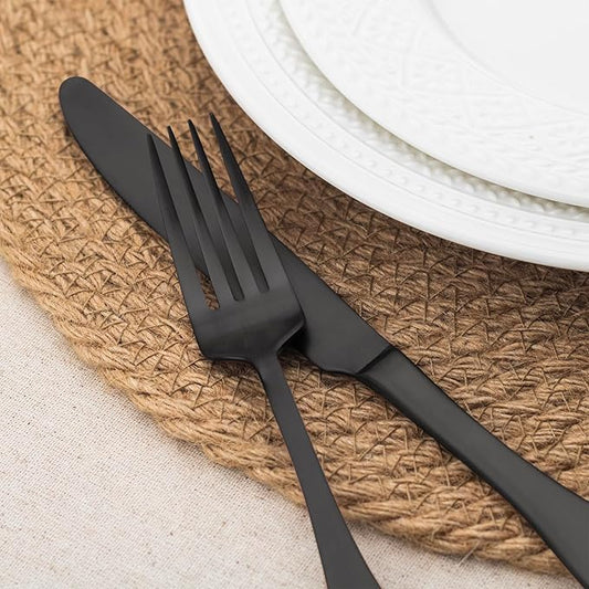 Alata Kate Black Satin 40-Piece Silverware Set, Service for 8, Stainless Steel Flatware Set, Matte Polished Cutlery Set, Dishwasher Safe