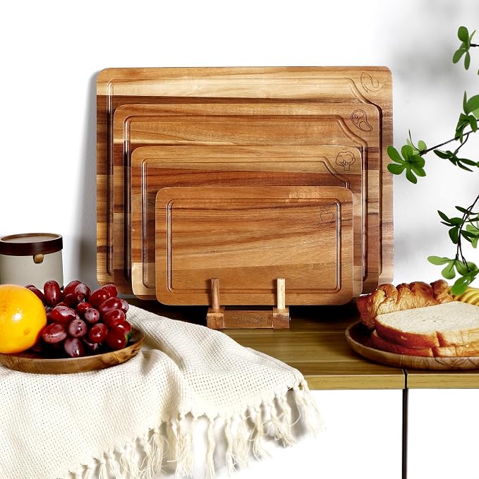 Labeled Cutting Board Set of 4, Wood Chopping Boards with Food Icons | Charcuterie Board Serving Tray with Juice Groove & Handles, Ideal for Meat, Vegetables, Fruits, Cheese