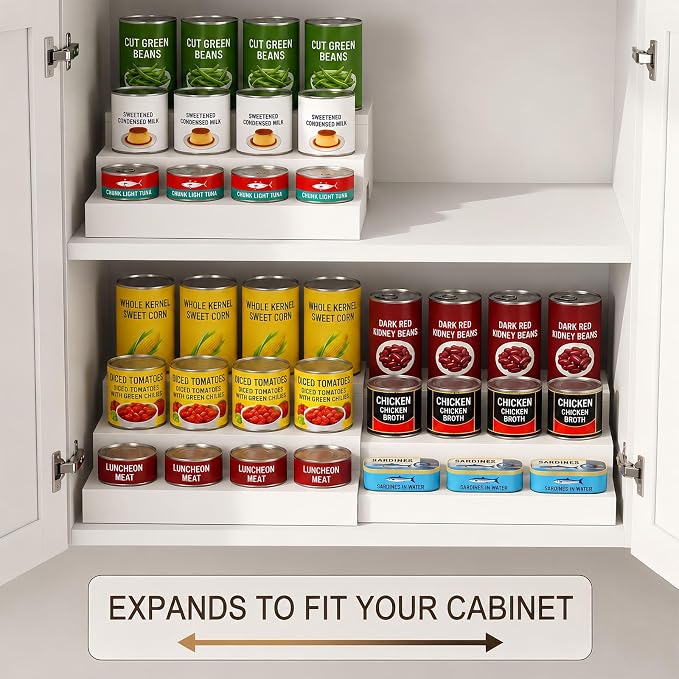 Expandable Can Organizer for Pantry Fits Up to 24 20-oz Canned Food, White | 3-Tier Can Storage Holder for Kitchen Cabinet, Solid Wood Canned Goods Pantry Organizer Shelf, Visible & Accessible Display