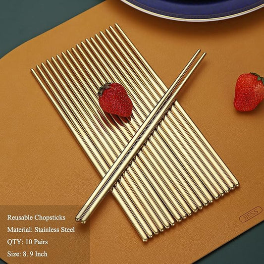 10 Pairs Reusable Chopsticks, Titanium Gold Plating Stainless Steel Metal Chop Sticks, Japanese Chinese Korean Chopstick Dishwasher Safe, 8.9 Inch (Gold / Chop sticks)
