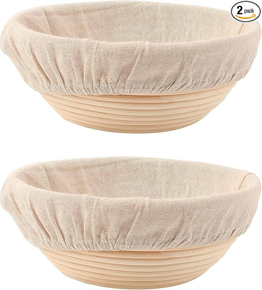 Round Bread Dough Proofing Rising Rattan Baskets(Set of 2, 9 inch) w/Liners for Home Sourdough Bread Bakers