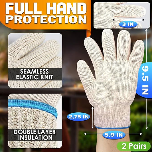 2 Pairs Oven Glove Set – 9.5" Aramid Fibre Cooking Gloves Heat Resistant, Non-Slip BBQ Hand Protector for Baking, Frying & Smoker – Reusable Grill Gloves Heat Proof for Men for Safe Cooking & Grilling
