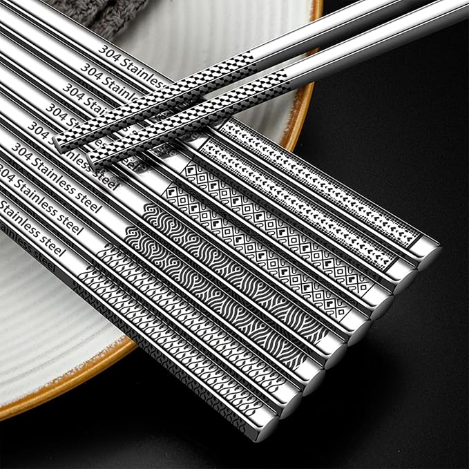 Metal Chopsticks Reusable 316 Stainless Steel Chopsticks Multipack Dishwasher Safe Chop Sticks Square Fancy Laser Engraved Non-slip Korean Chopstick for Cooking Eating 9.45 Inches 5 Pairs Gift SetS