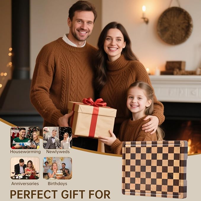 Checkered Cutting Board, Wooden Cutting Boards for Kitchen | Acacia Wood Cutting Board with Handle & Juice Grooves, Small Charcuterie Boards with Gift Box, 14" X 11" X 0.8"