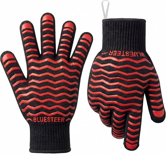 BBQ Gloves 1472°F Heat Resistant Oven Gloves with Fingers Heat Proof Grill Gloves Non-Slip Silicone Oven Mitts for Kitchen Cooking Grilling Baking Smoking