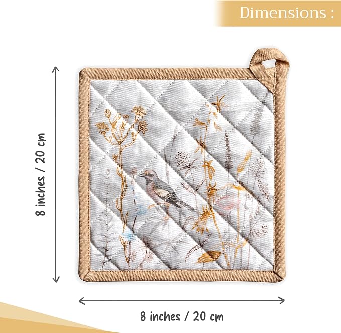 Maison d' Hermine Pot Holders 100% Cotton Potholders (8" x 8", Pack of 2) | Heat Resistant Hot Pads with Loop BBQ Cooking Farmhouse Kitchen Handling Hot Pans Spring Summer - Meadow Florals - Beige