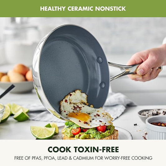 GreenPan Valencia Pro Stainless Steel 8” Frying Pan Skillet, Induction Suitable Mirrored Tri-Ply, Ceramic Nonstick PFAS-Free, Multi Clad Cookware, Dishwasher Oven & Broiler Safe