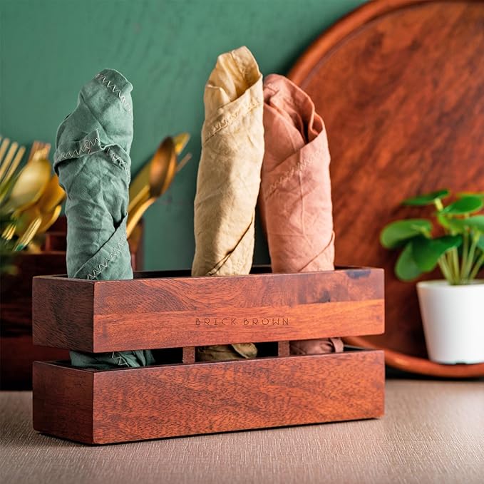 Brick Brown Premium Handcrafted 3-Partition Wooden Cutlery Holder Storage Spoon, Knife, Fork, Chopstick Caddy Self Organizer Stand for Home Kitchen Tableware Restaurant in Mahogany(9.1x3x3.9Inch)