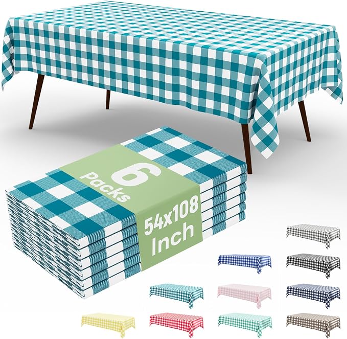 6 Packs Buffalo Disposable Table Cloth, 54 x 108 Inch Waterproof Plastic Tablecloth, Rectangle Turquoise and White Checkered Table Covers for Picnic, Birthday, Party, Back to School