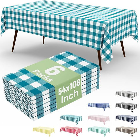6 Packs Buffalo Disposable Table Cloth, 54 x 108 Inch Waterproof Plastic Tablecloth, Rectangle Turquoise and White Checkered Table Covers for Picnic, Birthday, Party, Back to School