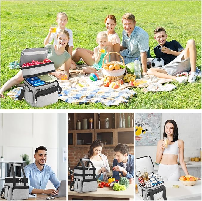 holuxer Insulated Lunch Bag & Lunch Box for Men - Double Deck Reusable Lunch Bag for Women Tote Cooler Bag Leakproof Soft Expandable - Large Lunchbox for Work/Adult/Picnic/Outdoor (Gray，15L)