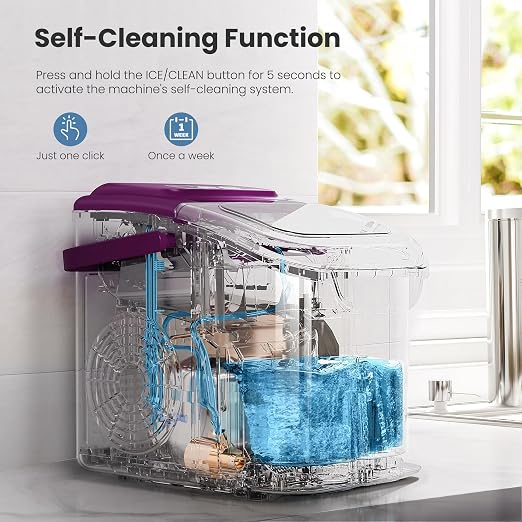 Countertop Portable Ice Maker Machine with Handle, 8 Bullet-Shaped Ice Cubes Ready in 6 Mins, 26Lbs/24H, Self-Cleaning Function with Ice Scoop and Basket for Home/Kitchen/Party (Purple)