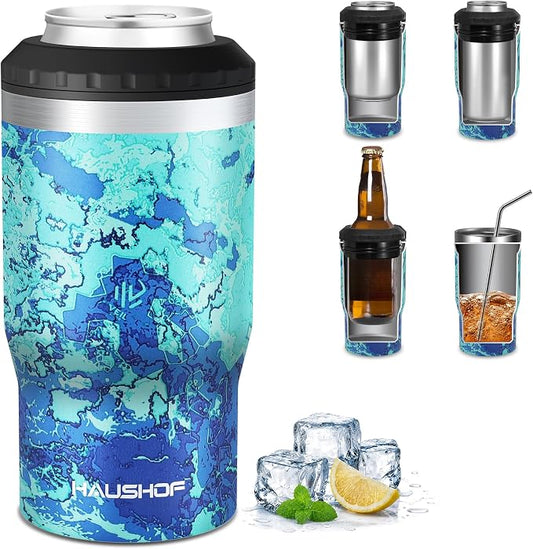 HAUSHOF 4-in-1 Insulated Can Cooler Fits 12oz Cans & Beer Bottle, Camo Blue | Double-Wall Vacuum Insulated, 18/8 Stainless Steel, BPA-Free Lid, Slim Can Cooler for Camping, Beach & Picnic