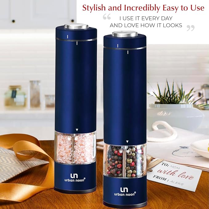 Urban Noon Electric Salt and Pepper Grinder Set (2 Mills, 8.1" Tall) - One-Handed Push-Button Mills with LED Light, Adjustable Ceramic Coarseness, Gift-Ready Box, 1-Year Warranty - Blue