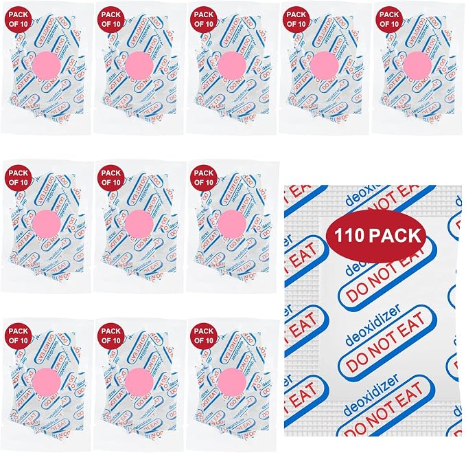 110 Packs 500CC Food Grade Oxygen Absorbers （10 Packs in Individual Vacuum Bag，11x Packs of 10), Oxygen Absorbers for Food Storage, with Oxygen Indicator, for Mylar Bags, Mason Jars,Canning