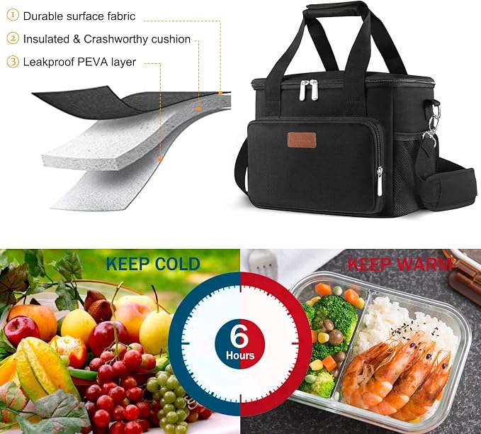 Lunch Bags for Women/Men, Insulated Lunch Bag for Work Office Picnic - Large Lunch Cooler Bag Leakproof Lunch Box with Adjustable Shoulder Strap for Adults - Black(15L)