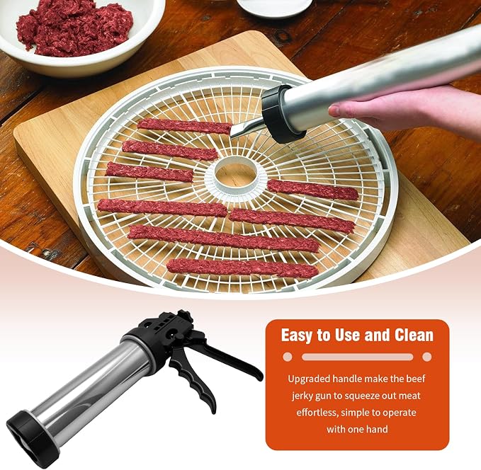 Hoypeyfiy Stainless Steel Jerky Gun Kit, Beef Jerky Maker Gun for Ground Meat, Manual Sausage Stuffer and Salami Maker with 5 Stainless Steel Nozzles, Meat Pusher and Cleaning Brushes