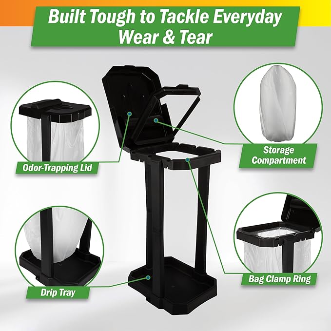 Wakeman Heavy Duty Black Trash Bag Portable Trash Bag Holder Stand with 7 Bags - Collapsible Trash Can Camping, RV, Kitchen, or Tailgate Party Garbage Bag Holder