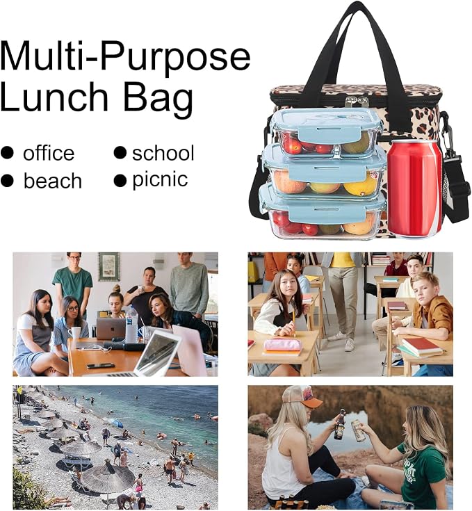 Lunch Bags for Women/Men, Insulated Lunch Bag for Work Office Picnic - Lunch Cooler Bag Leakproof Lunch Box with Adjustable Shoulder Strap - Leopard Print