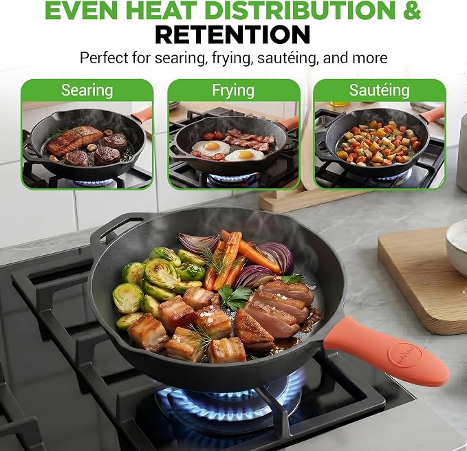 NutriChef 10 Inch Cast Iron Skillet with Lid - Pre-Seasoned Small Fry Pan with Side Drip Spout and Silicone Handle