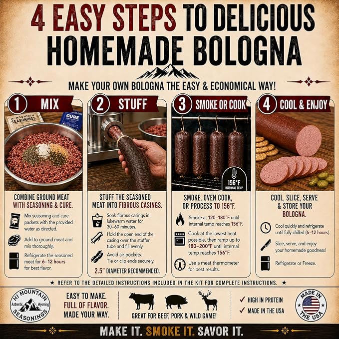 Hi Mountain OLD FASHIONED BOLOGNA Seasoning Kit | Complete bologna sausage-making kit with seasoning, cure & 10 casings. Beef, pork, venison & wild game. Makes up to 30 lbs