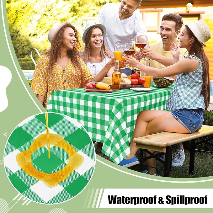 6 Packs Buffalo Disposable Table Cloth, 54 x 108 Inch Waterproof Plastic Tablecloth, Rectangle Green and White Checkered Table Covers for Picnic, Birthday, Party, Back to School