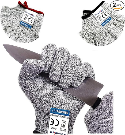 Dowellife Cut Resistant Gloves Food Grade Level 5 Protection, Safety Kitchen Cuts Gloves for Oyster Shucking, Fish Fillet Processing, Mandolin Slicing, Meat Cutting and Wood Carving. (Small-2 Pairs)