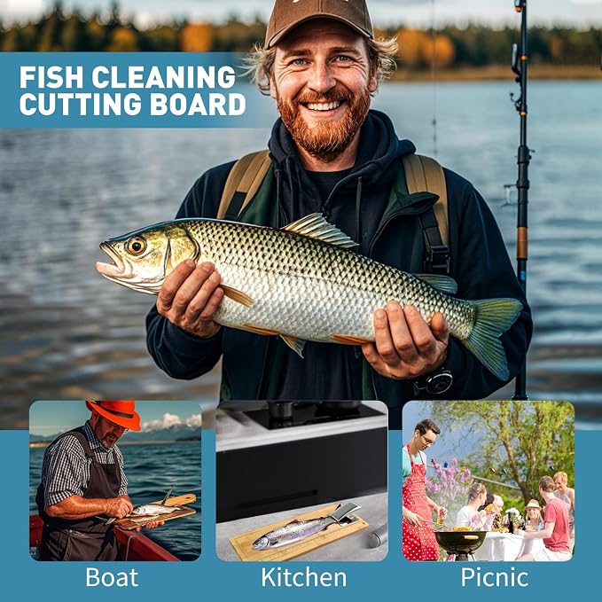 Bamboo Fish Cleaning Board Portable Fish Fillet Boards with Clamp | Fish Cleaning Tools Fishing Measuring Cutting Board Gifts for Fisherman 17.7*6.3 Inch