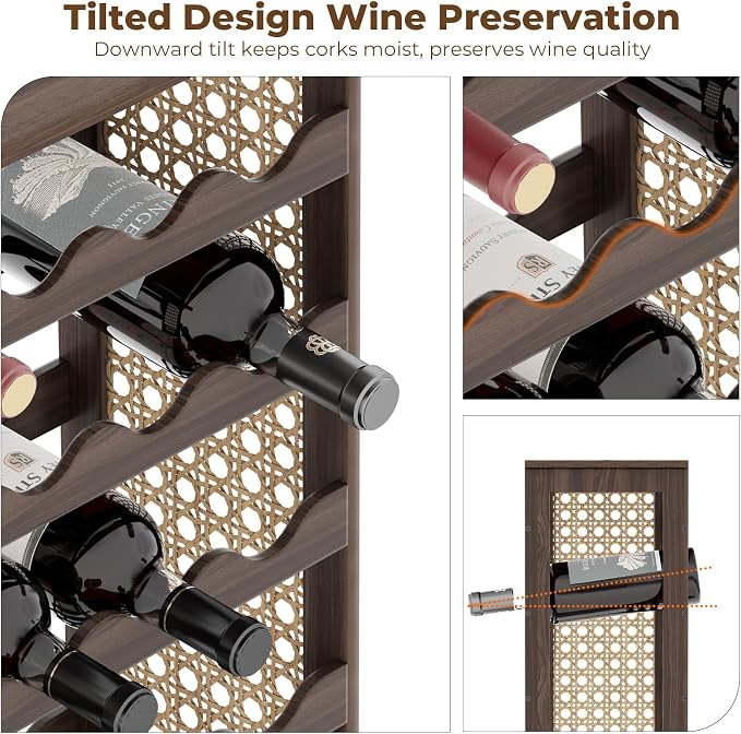 24 Bottle Wine Rack Freestanding Floor, Wine Bottle Holder, Boho Pine Wood & Rattan Mesh Wave Design, for Kitchen Bar Cellar Storage, 16.5" x 9.1" x 29.5"