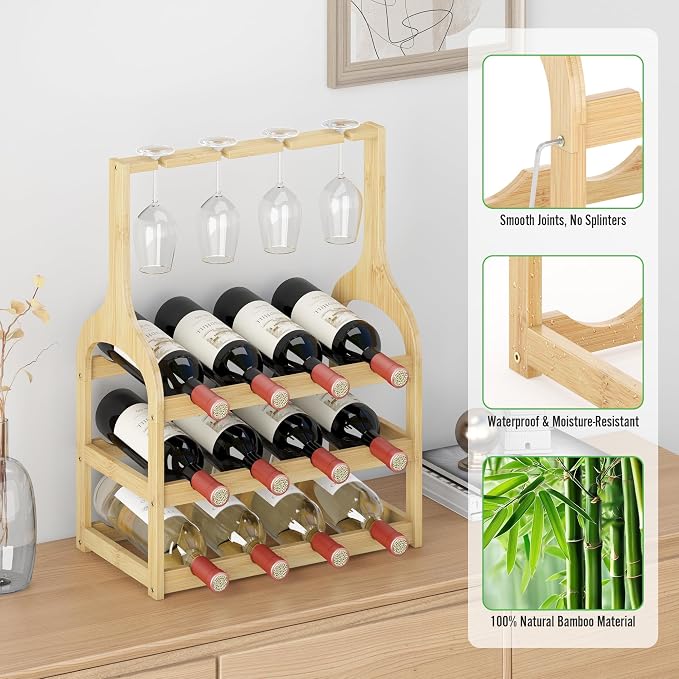 Bamboo Small Wine Rack Countertop, Freestanding Bottle Storage Holder | 12 Wine Bottles and 4 Glass Holder | Wooden Wine Storage Organizer Shelves for Kitchen Bar, Cellar, & Dining Room | Natural