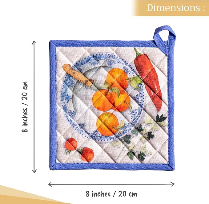 Maison d' Hermine Pot Holders 100% Cotton Potholders (8" x 8", Pack of 2) | Heat Resistant Hot Pads with Loop BBQ Cooking Baking Farmhouse Kitchen Handling Hot Pans Spring Summer - Gourmand